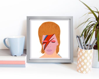 Puede incluir: Una ilustración enmarcada de una persona con cabello naranja y un diseño de rayo rojo, azul y negro pintado en su rostro. El fondo es blanco.
