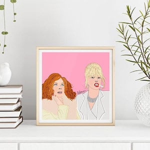 May include: A pink background with a drawing of two women. The woman on the left has red hair and is wearing a yellow shirt. The woman on the right has blonde hair and is wearing a white shirt. The text "Chelsea" is written in the top right corner of the image.