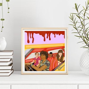 Peut inclure: Une illustration numérique de quatre personnes dans une voiture rouge sur un fond rose et rouge. La voiture roule dans un paysage jaune et orange. L'illustration est signée "Ray Johnson".