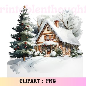 Clipart di case di Natale, arte di biglietti di Natale, clipart di acquerelli stampabili, JPG di alta qualità, download digitale, artigianato di carta, diario di spazzatura