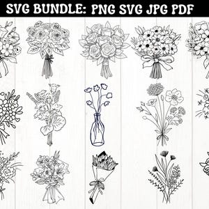 Paquete de ramo de flores Svg, ramo Png, flores Svg, boda svg, botánico svg, flores silvestres, lindo ramo, floral para Cricut, silueta