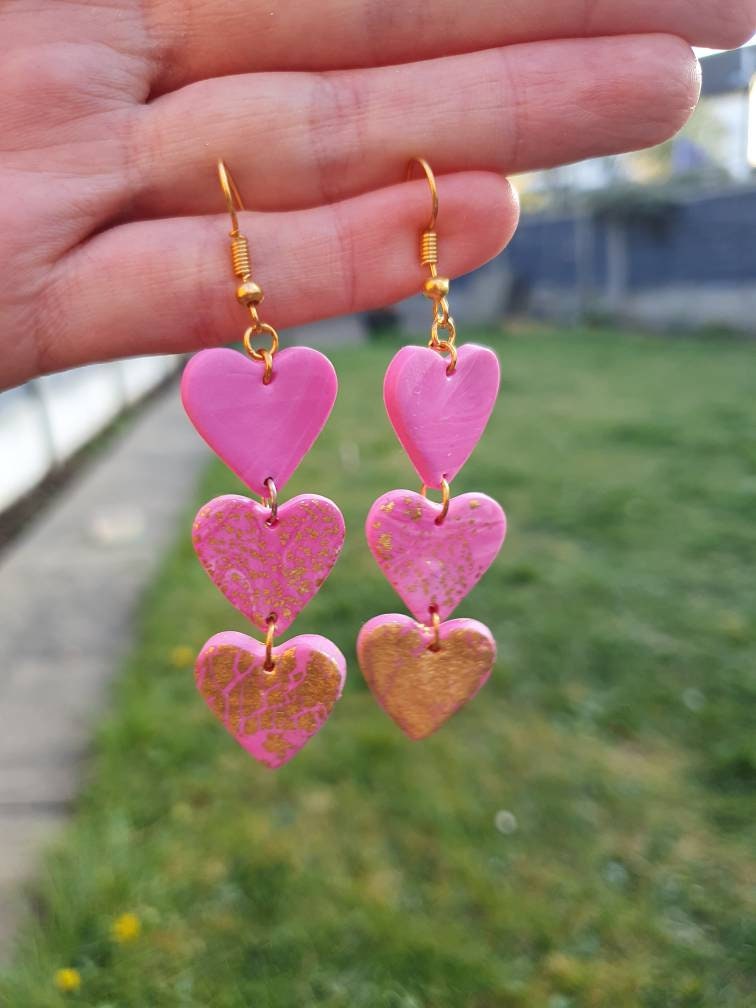 Candy Heart Earrings Pink Heart Earrings Pink and Gold Etsy