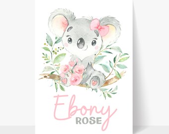 Koala Wall Art Baby Room Art Girl Koala Print Baby Name Print Baby Girl Nursery Australian Animal Nursery Personalised Baby Print Kookaburra