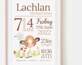Regalo para bebé amante de la granja: lámina personalizada con estampado de vaca. Ideal para bautizos o como regalo de nacimiento. También disponible en versión rodeo. Un regalo perfecto para amantes de los vaqueros y las vacas.