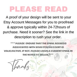 May include: A pink and white graphic with the text "PLEASE READ" at the top. The text provides instructions about design proofs, Etsy messages, and email verification. A cute koala illustration is in the background.