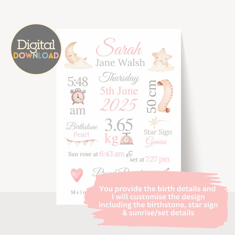 May include: A pink and white printable baby announcement with a watercolor illustration of a moon and a star. The announcement includes the baby's name, Sarah Jane Walsh, birth date, time, weight, length, birthstone, and star sign. The text reads "Sun rose at 6:43 am & set at 7:27 pm".