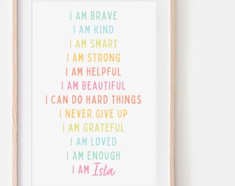 Lámina con afirmaciones, Póster "Soy fuerte", Afirmación positiva, Arte mural infantil, Lámina con afirmaciones para niños, Lámina motivacional para niños, Soy amado