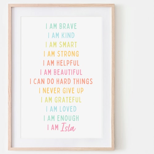 Affirmations Print, I Am Strong Poster, Positive Affirmation, Kids Wall Art, Kids Affirmation Print, Motivational Print For Kids, I Am Loved