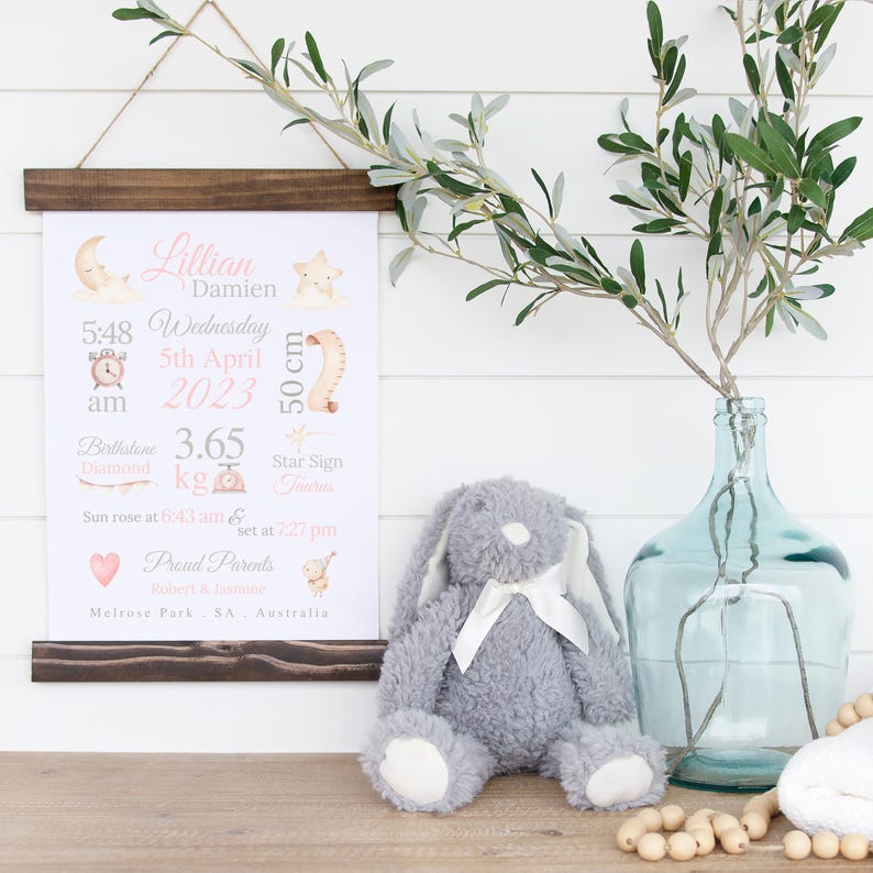 May include: A pink and white baby announcement print with a baby's name, birthdate, time, weight, birthstone, and star sign. The print is framed in a brown wooden frame and is hanging on a white wall. A gray bunny stuffed animal and a clear glass vase with a green plant are in the foreground.