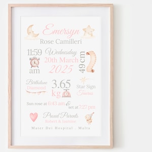 New Baby Girl Gift, New Baby Gift Personalised, Birth Announcement Print, Christening Gift, Birth Details, Birth Stats Pink Nursery Decor