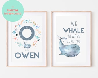 Personalised New Baby Gift, Ocean Animals, New Baby Name Print, Under The Sea Themed Nursery, Personalised Nursery Printable, Set of Two
