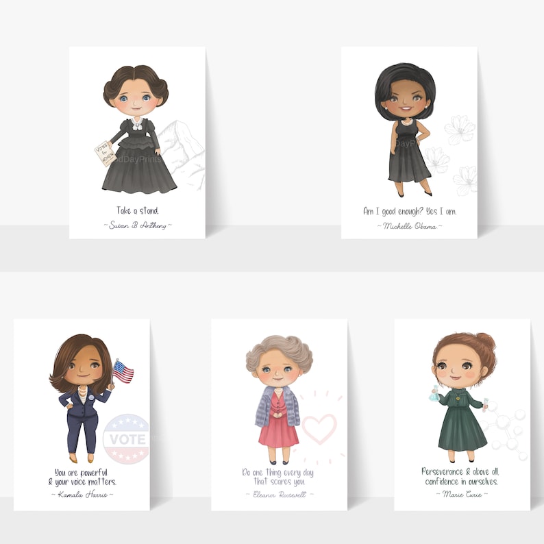 Puede incluir: Cinco tarjetas imprimibles con ilustraciones de mujeres famosas con citas inspiradoras. Las tarjetas son blancas con bordes negros y presentan ilustraciones de Susan B. Anthony, Michelle Obama, Kamala Harris, Eleanor Roosevelt y Marie Curie.
