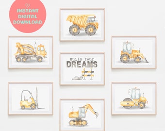 Bouw muur kunst set 7 digitale print kinderkamer decor jongens slaapkamer poster graver dumper graafmachine kraan afdrukbare voertuig kunst decor