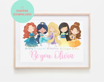 Personalized Princess Art Print, Custom Princess Wall Art, Positive Quote Kids Room Design, Pick Your Princess, Moana, Jasmine, Belle, Ariel