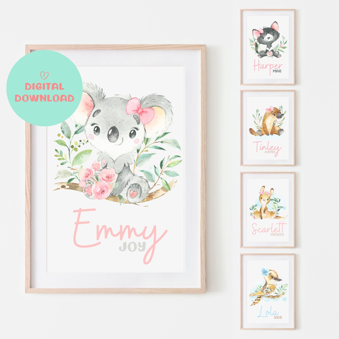 Printable Australian Animal Nursery Print, Custom Name Australian Art