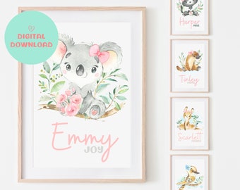 Printable Australian Animal Nursery Print, Custom Name Australian Art, Aussie Animal Nursery Decor, Australian Fauna Print, Baby Koala Art
