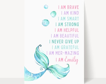 Mermaid Wall Art, Affirmation Print, Positive Prints, Self Love, Motivational Girl Room Decor, Nursery Personalised, Mermaid Birthday Poster