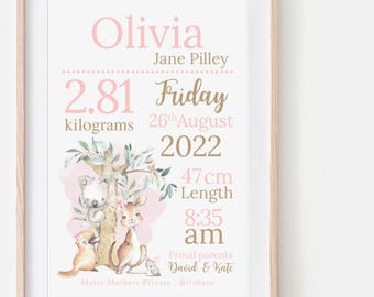 Regalo personalizado para bebé, anuncio de nacimiento de animal australiano, arte infantil, póster personalizado, letrero con detalles de nacimiento, decoración infantil para niña, regalo para bebé nueva mamá