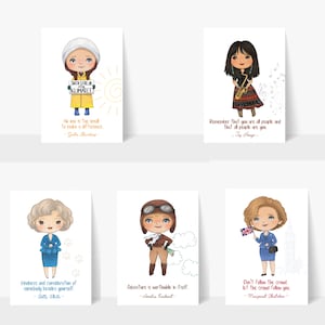 Puede incluir: Seis tarjetas ilustradas con mujeres famosas y citas inspiradoras. Las tarjetas presentan a Greta Thunberg, Joy Harjo, Betty White, Amelia Earhart, Margaret Thatcher y una mujer tocando el saxof&oacute;n. Cada tarjeta tiene un fondo blanco y una ilustraci&oacute;n colorida.