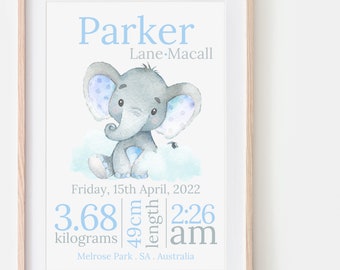 PRINTED & SHIPPED, New Baby Boy Gift, Birth Details Print, Baby Elephant Gift, Personalised Baby Boy, Birth Stats, Elephant Nursery Decor