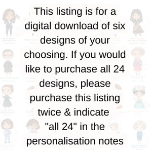 Puede incluir: Una lista de descarga digital para seis dise&ntilde;os ilustrados. La lista ofrece la opci&oacute;n de comprar los 24 dise&ntilde;os comprando la lista dos veces e indicando "todos los 24" en las notas de personalizaci&oacute;n.