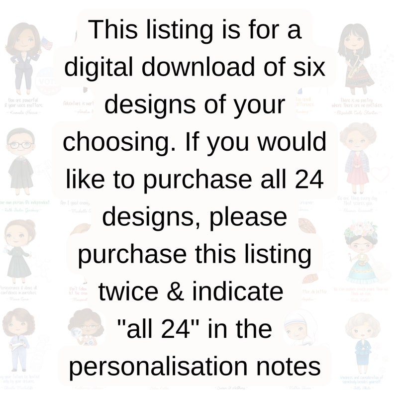 Puede incluir: Una lista de descarga digital para seis dise&ntilde;os ilustrados. La lista ofrece la opci&oacute;n de comprar los 24 dise&ntilde;os comprando la lista dos veces e indicando "todos los 24" en las notas de personalizaci&oacute;n.