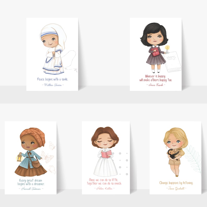 Puede incluir: Conjunto de seis tarjetas imprimibles con ilustraciones de mujeres famosas con citas inspiradoras. Cada tarjeta presenta a una mujer diferente, incluyendo a Madre Teresa, Ana Frank, Harriet Tubman, Helen Keller y Jane Goodall. Las tarjetas est&aacute;n dise&ntilde;adas en un estilo de dibujos animados con colores brillantes y fondos simples.