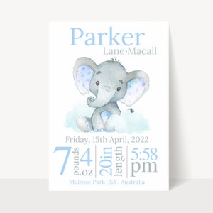 New Baby Boy Gift, Birth Details Print, Baptism Gift, Personalised Gift for Baby Boy, Birth Announcement, Elephant Nursery Decor, Printable