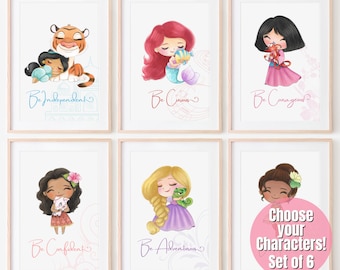 Princesses Set of 6 Wall Decor, Princess Wall Art, Girl Room Decor, Princess Theme Room, Princess Nursery, Princess Print, Digital Downloads