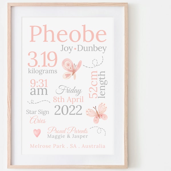 New Baby Girl Gift, Birth Details Print, Christening Gift, Personalised Baby Girl Wall Art, Birth Announcement, Butterfly Nursery Decor