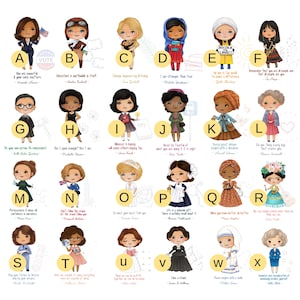 Puede incluir: Un gr&aacute;fico colorido con 26 retratos ilustrados de mujeres inspiradoras. Cada retrato va acompa&ntilde;ado de una cita de la mujer representada. El gr&aacute;fico est&aacute; etiquetado con letras de la A a la X.