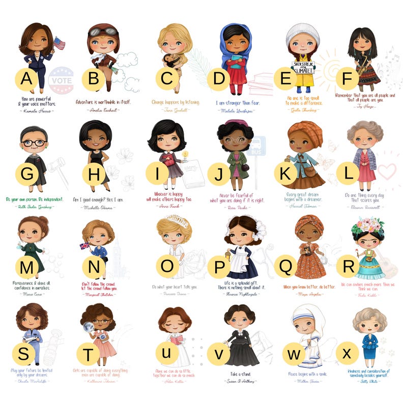 Puede incluir: Un gr&aacute;fico colorido con 26 retratos ilustrados de mujeres inspiradoras. Cada retrato va acompa&ntilde;ado de una cita de la mujer representada. El gr&aacute;fico est&aacute; etiquetado con letras de la A a la X.