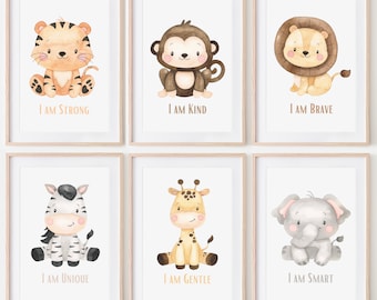 Decoración de guardería de safari, arte de pared imprimible de safari, impresión de animales de la jungla para guardería, póster de animales para bebés, impresión de "Soy un niño amable", decoración de bebé de género neutro