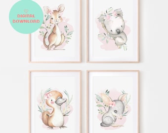 Decor Australische dierenkwekerij, Australische dierenprintables, koalababykamer, nieuw babycadeau, Australië themacadeau baby, kangoeroeprint, Bilby