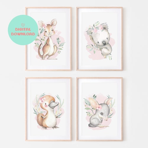 Australian Animal Nursery Art Print Set Of 3 – Koala, Platypus, Bilby – Green Wall Decor