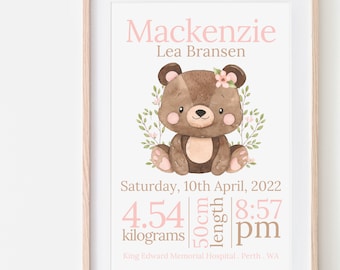 Impresión personalizada de osito de bebé, arte de guardería personalizado, impresión de estadísticas del bebé, nombre personalizado, póster de peso y fecha de nacimiento, regalo de baby shower, decoración de guardería