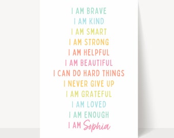 Póster "Soy un niño", afirmaciones diarias personalizadas, mensaje positivo de arcoíris, arte de pared, decoración inspiradora para adolescentes, soy valiente, amable, inteligente y amado.
