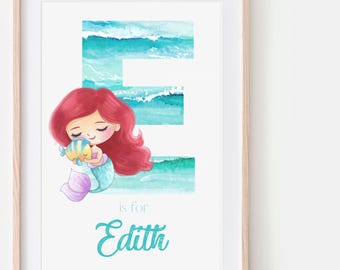 Personalised Mermaid Princess Name Art Custom Monogram Baby Girl Nursery Wall Decor Under the Sea Theme Birthday Gift Mermaid Nursery Art