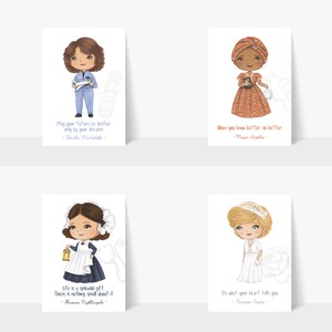 Puede incluir: Cuatro tarjetas ilustradas con figuras femeninas hist&oacute;ricas. Cada tarjeta tiene un retrato de una mujer, una cita y el nombre de la mujer. Las tarjetas son:  "May your future be limited only by your dreams -  Chueta Markuliffe - ", "When you know better, do better. - Maya Angelou - ", "Life is a splendid gift. There is nothing small about it. - Florence Nightingale - ", y "Do what your heart tells you - Princess Diana - "