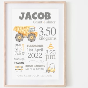 Nouveau cadeau pour bébé garçon, décoration de chambre de bébé en construction, impression de détails de naissance, cadeau personnalisé pour bébé garçon, faire-part de naissance, camions cadeau bébé garçon