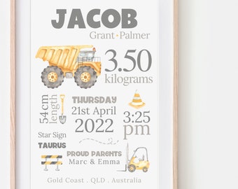 Nieuw cadeau babyjongen, bouw kinderkamer decor, geboortedetails afdrukken, gepersonaliseerd cadeau voor babyjongen, geboortekaartje, vrachtwagens cadeau babyjongen