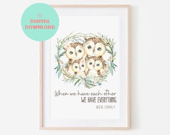 Owl Family Name Custom Art Print, Woodland Owl family print, Owl gift for family, name sign, baby name print, Owl Fathers day, gift for mum