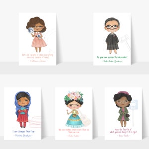Puede incluir: Cinco tarjetas imprimibles con ilustraciones de mujeres famosas con citas inspiradoras. Las tarjetas presentan a Katherine Johnson, Ruth Bader Ginsburg, Malala Yousafzai, Frida Kahlo y Rosa Parks.
