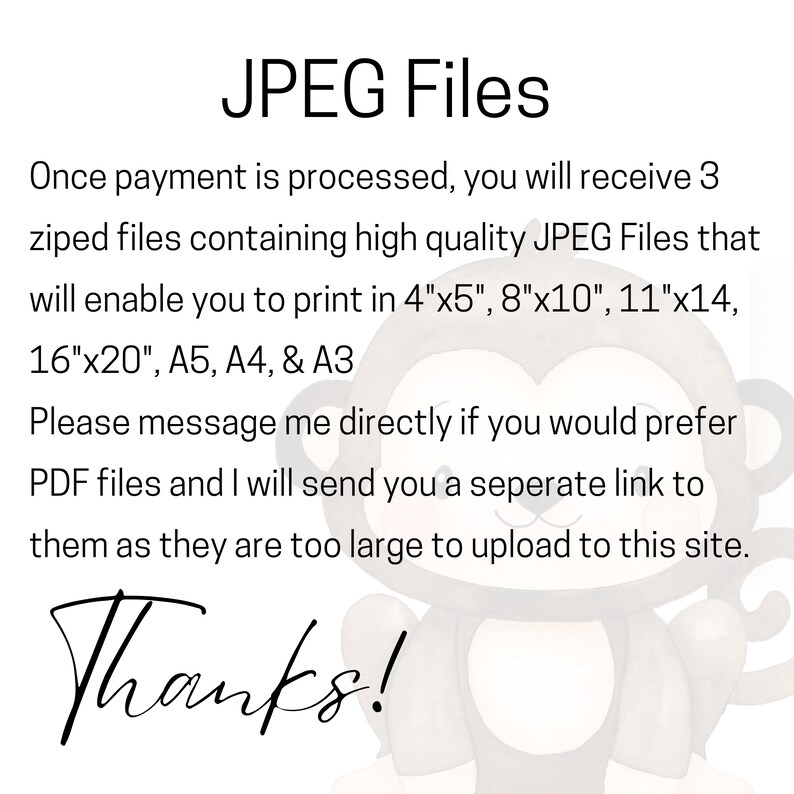 Op de afbeelding: Tekst op een witte achtergrond met een cartoon-aapillustratie. De tekst luidt: "JPEG Files Once payment is processed, you will receive 3 zipped files containing high quality JPEG Files that will enable you to print in 4"x5", 8"x10", 11"x14, 16"x20", A5, A4, & A3 Please message me directly if you would prefer PDF files and I will send you a separate link to them as they are too large to upload to this site. Thanks!"