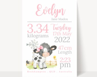 Regalo de bebé de granjero para niña, impresión de guardería de vaca, impresión personalizada de anuncio de bebé de granja, regalo de bebé, impresión de animal de granja para niña, guardería de vaca para bebé