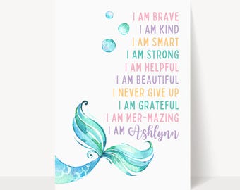 Arte de pared de sirena, impresión de afirmación, impresiones positivas, amor propio, decoración motivacional para habitación de niña, guardería personalizada, póster de cumpleaños de sirena
