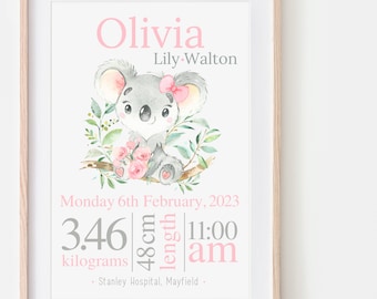 Koala Birth Details Print, New Baby Girl Gift, New Baby Gift Personalised, New Baby Print, Christening Gift, Personalised Baby Gift For Girl