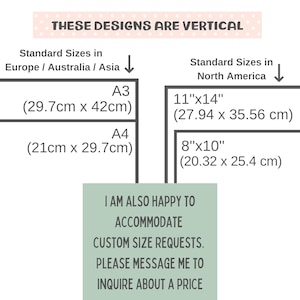 Op de afbeelding: Een grafiek die standaardmaten voor verticale ontwerpen in inches en centimeters laat zien voor Noord-Amerika en Europa, Australi&euml; en Azi&euml;. De grafiek bevat ook een bericht dat de verkoper graag maatwerkverzoeken accepteert en dat je contact met hem kunt opnemen om te informeren naar de prijs.