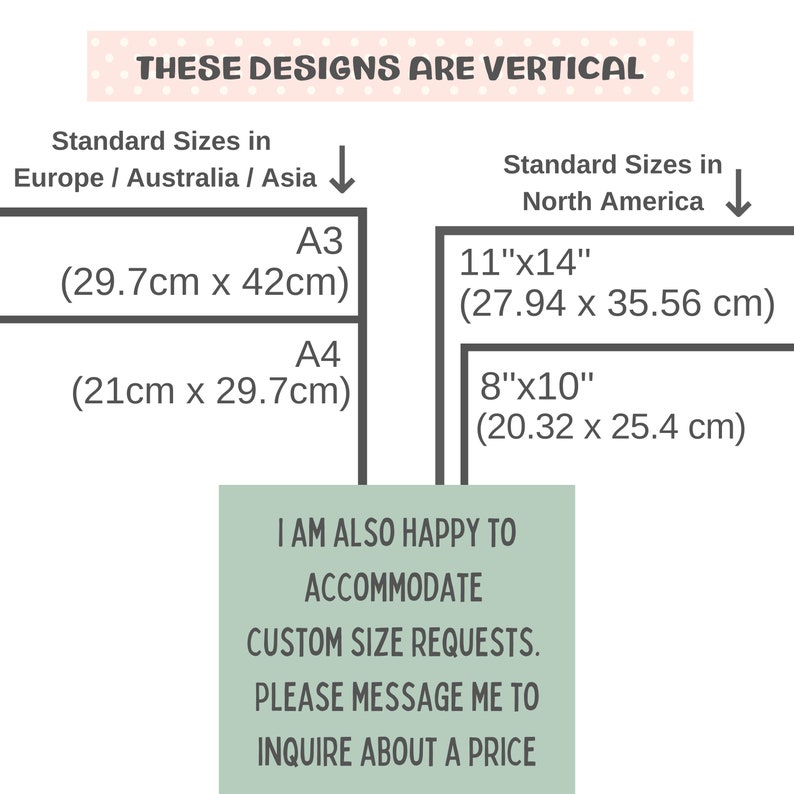 Op de afbeelding: Een grafiek die standaardmaten voor verticale ontwerpen in inches en centimeters laat zien voor Noord-Amerika en Europa, Australi&euml; en Azi&euml;. De grafiek bevat ook een bericht dat de verkoper graag maatwerkverzoeken accepteert en dat je contact met hem kunt opnemen om te informeren naar de prijs.