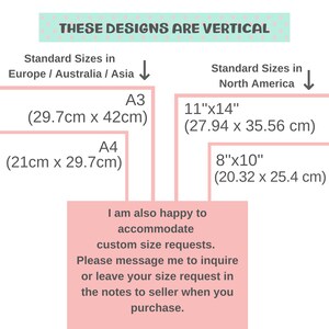 May include: A graphic showing standard print sizes for Europe/Australia/Asia and North America. Sizes include A3 (29.7cm x 42cm), A4 (21cm x 29.7cm), 11"x14" (27.94 x 35.56 cm), and 8"x10" (20.32 x 25.4 cm). The text states that custom sizes are available upon request.